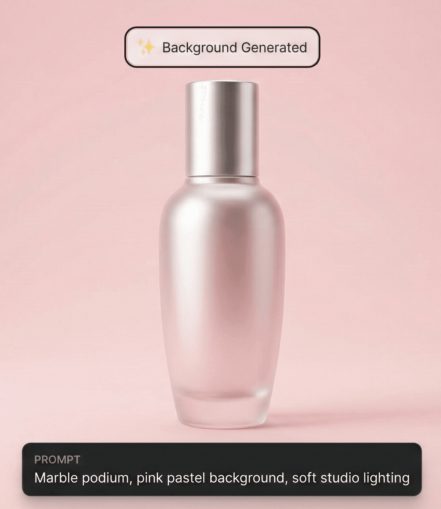 AI product photography demonstration showing a cosmetic bottle with a generated pink pastel background