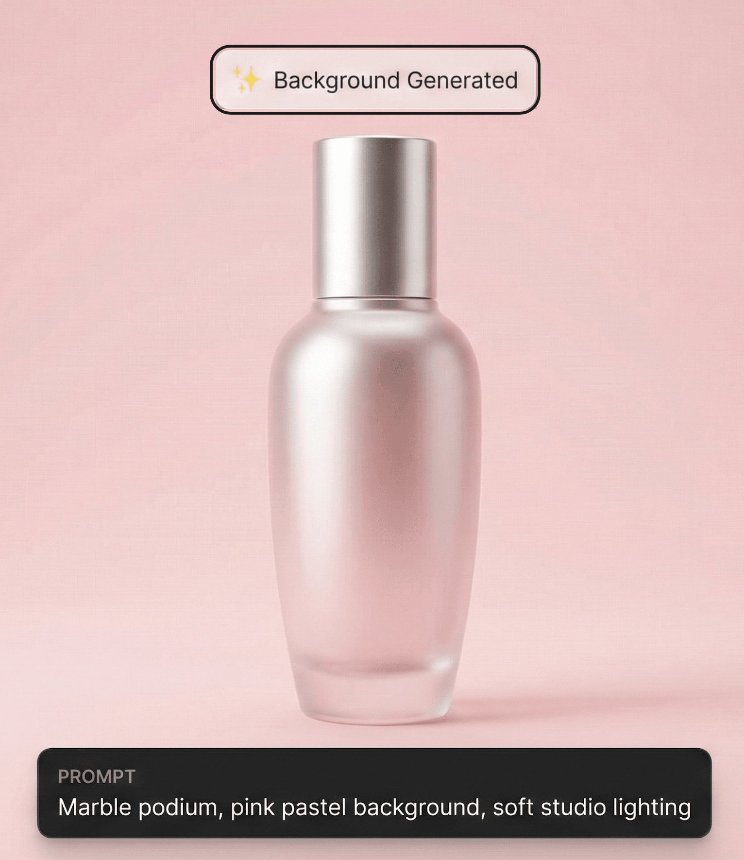 A skincare bottle placed on a pastel studio podium by the P20V background generator