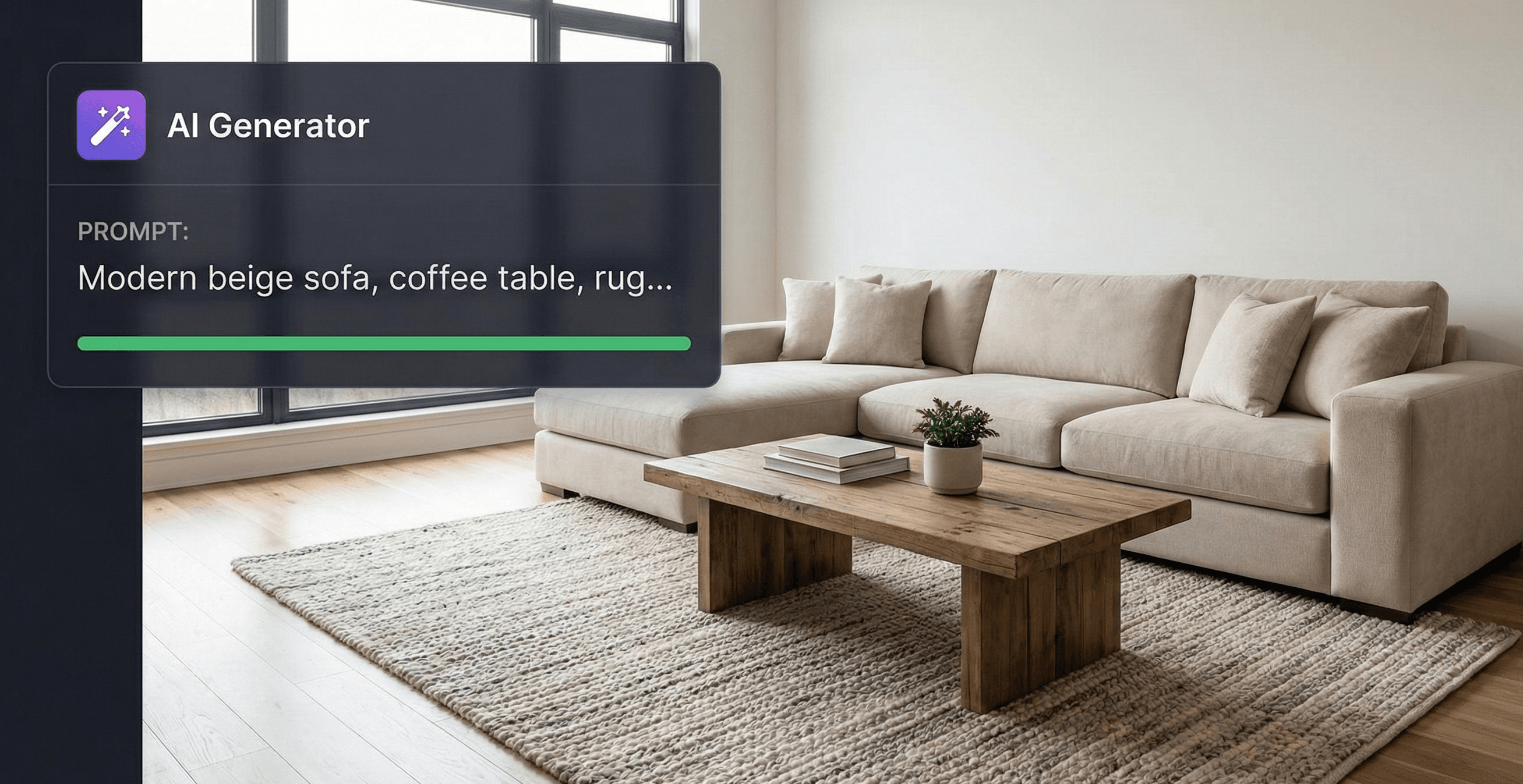 AI virtual staging demonstration showing a modern living room generated from an empty room