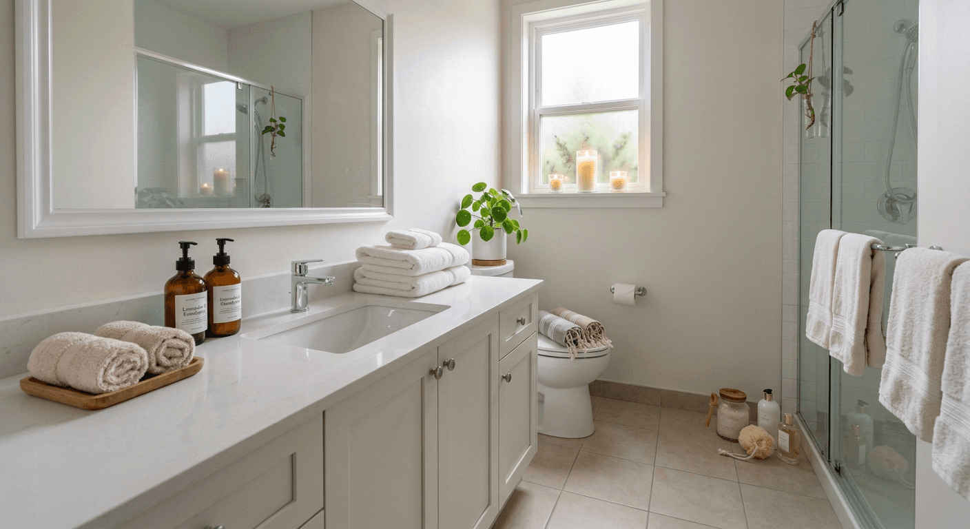 Luxurious, spa-like staged bathroom after p20v.com AI virtual staging