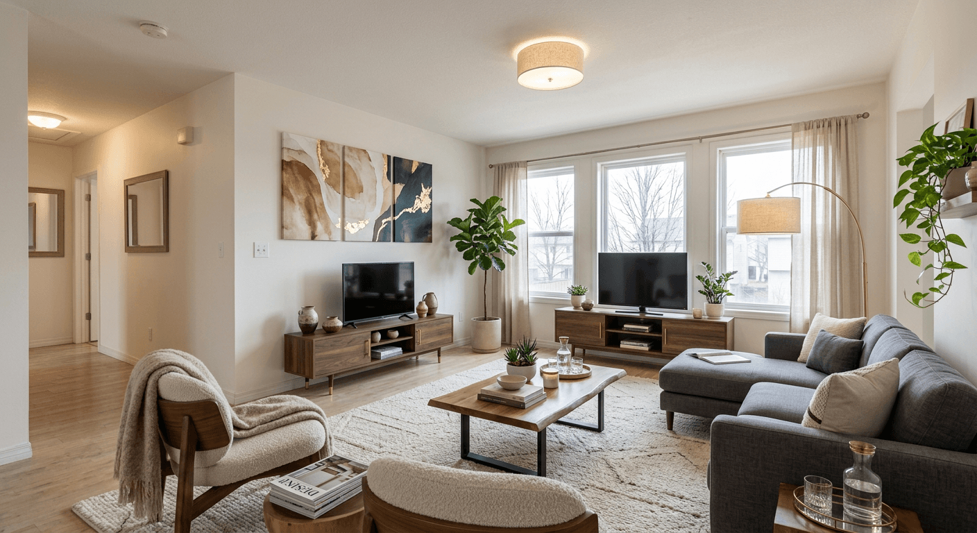 Virtually staged living room with modern furniture in seconds using p20v.com AI technology