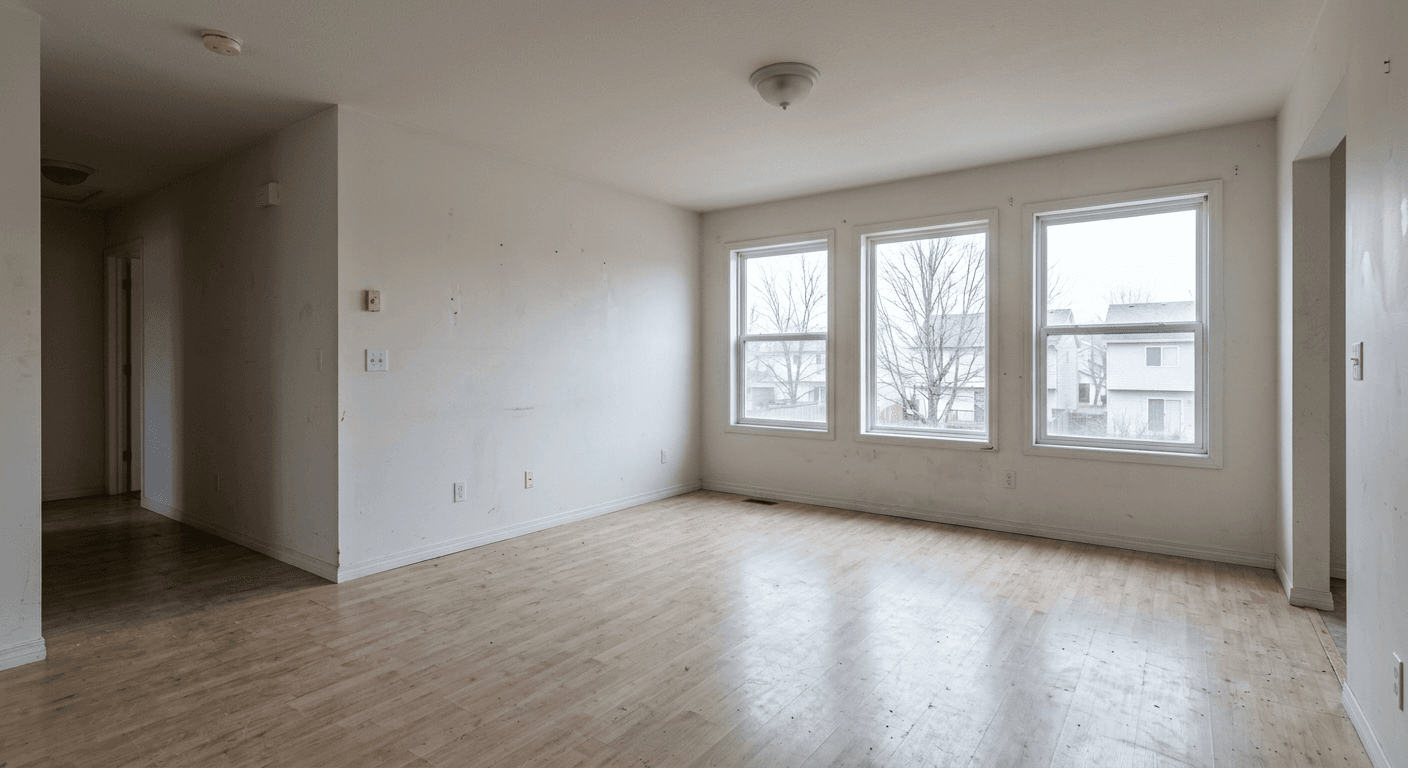 Empty living room before AI virtual staging by p20v.com, showing vacant floor space and bare walls
