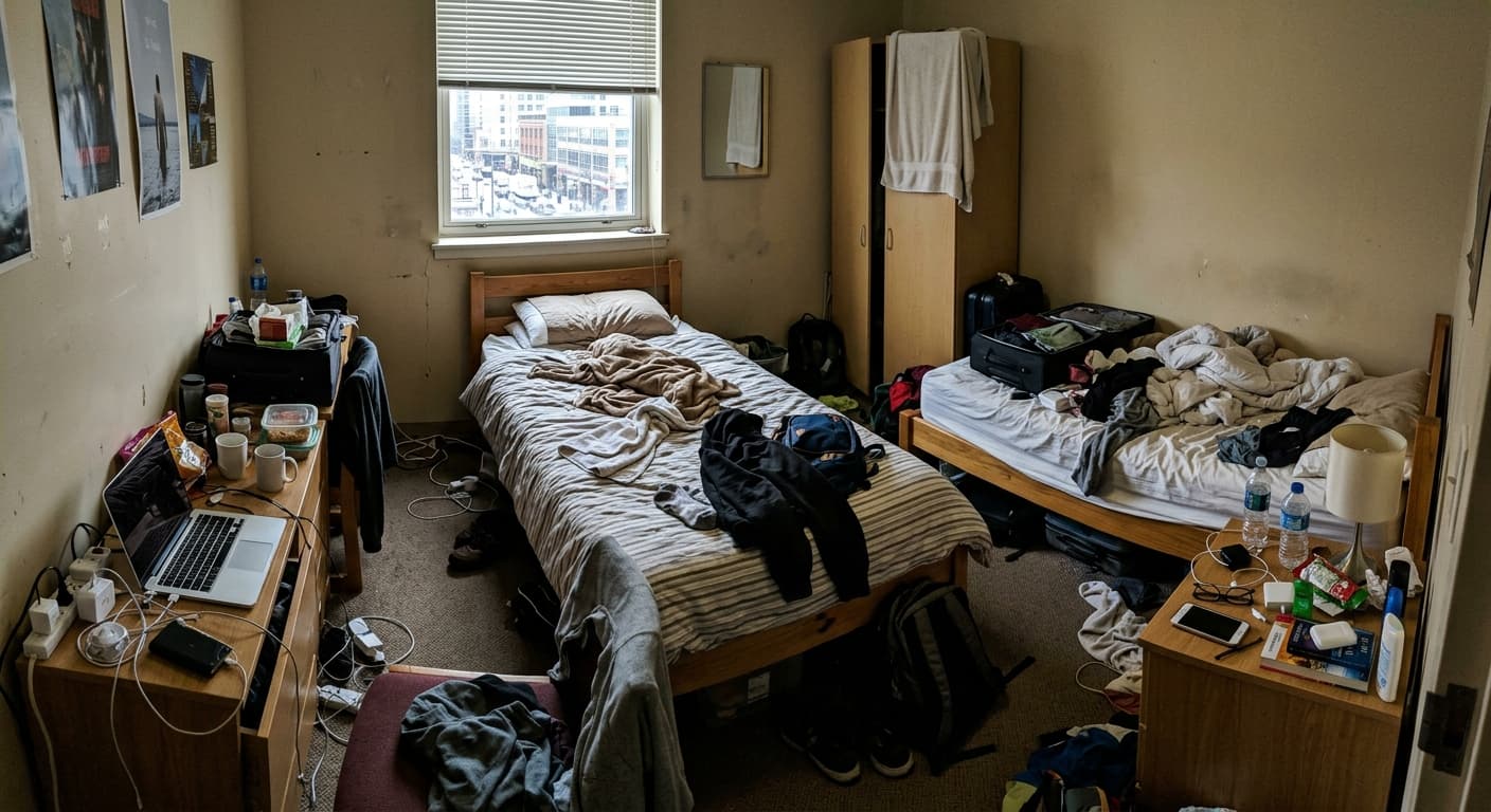 Amateur, dimly lit Airbnb bedroom photo before AI enhancement