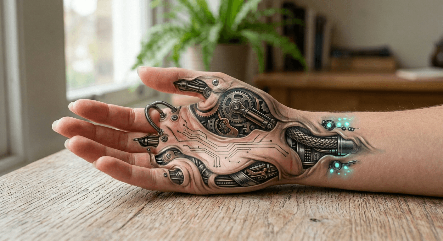 The same hand featuring a highly detailed, 3D biomechanical tattoo design generated by p20v.com AI