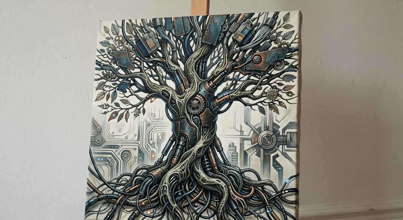 After AI Generation: A stunning, hyper-detailed biomechanical tree tattoo design generated by p20v.com featuring intricate gears, metallic roots, and glowing elements.