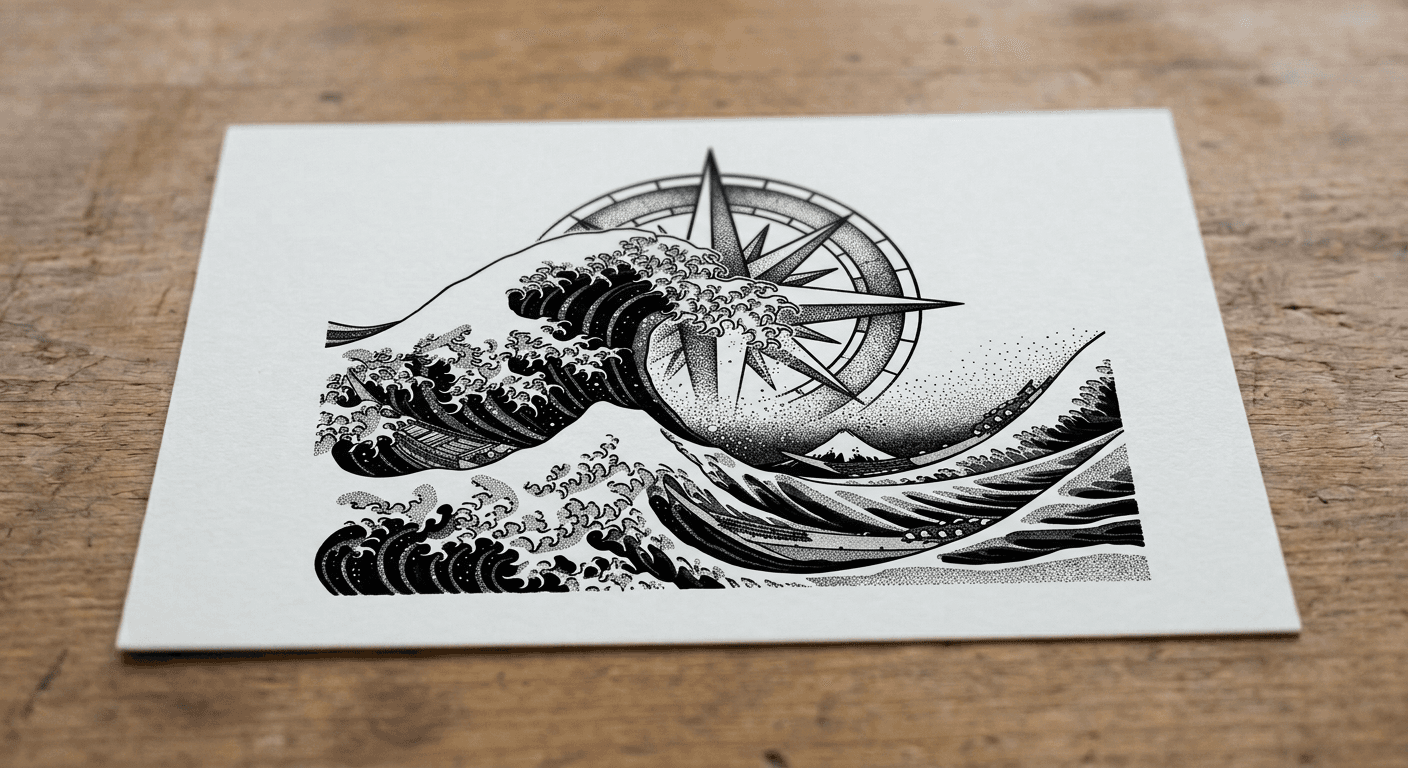 Finalized AI-generated blackwork style wave tattoo design by p20v.com