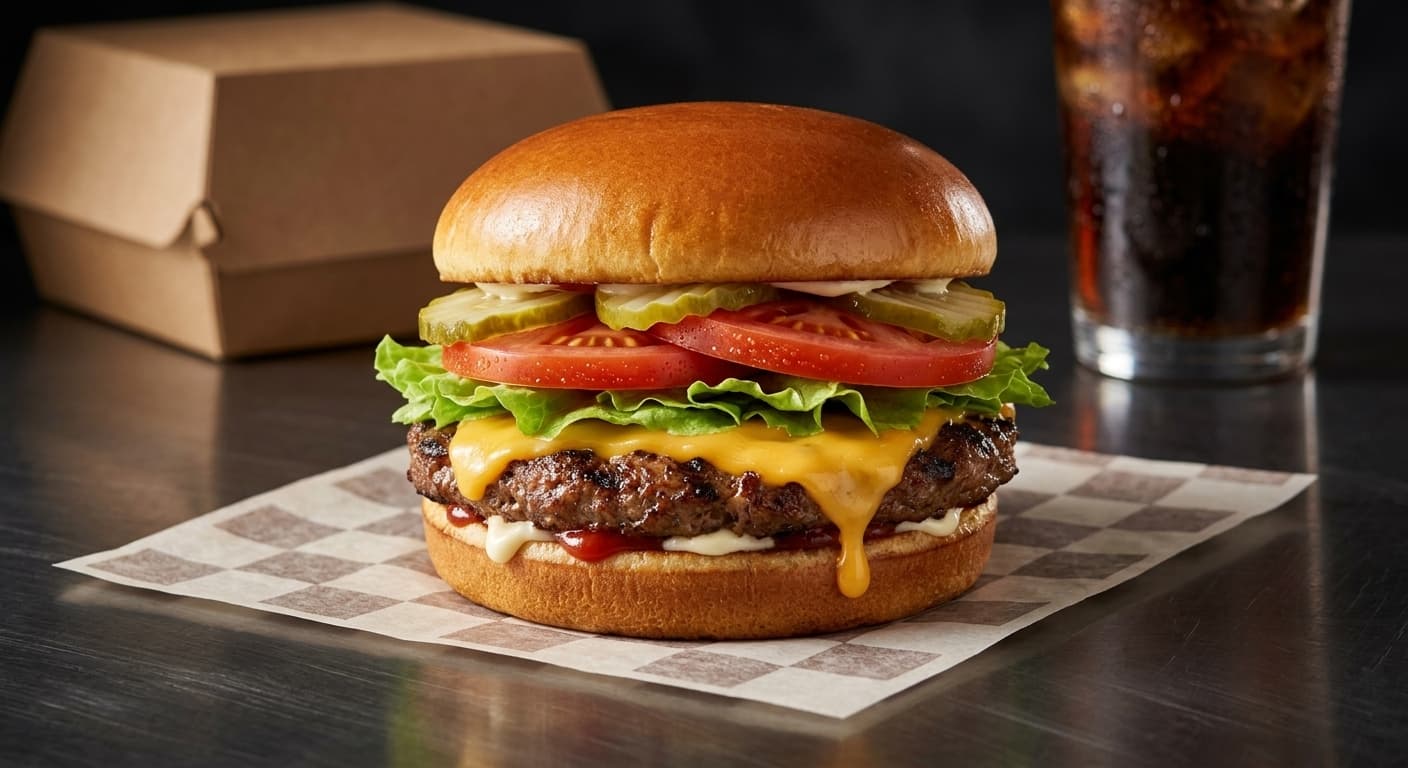 Towering, juicy, highly appetizing burger photo generated by p20v.com AI