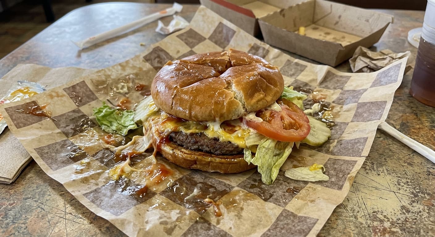 Flat, unappetizing standard burger photo before p20v.com AI enhancement