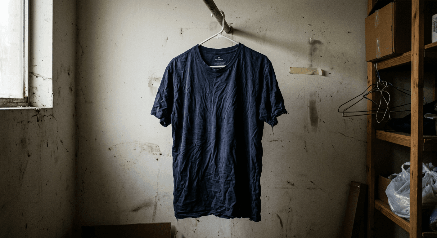 Raw clothing product photo on hanger with poor lighting and distracting background