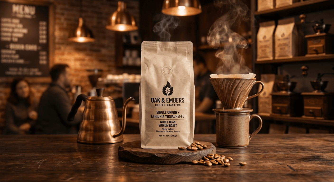 Rich, warm AI-generated coffee product photography by p20v.com featuring deep shadows and golden lighting