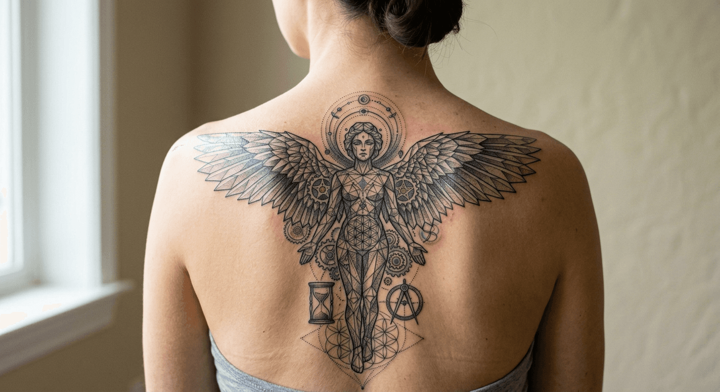 Final highly detailed geometric angel tattoo design generated by p20v.com AI