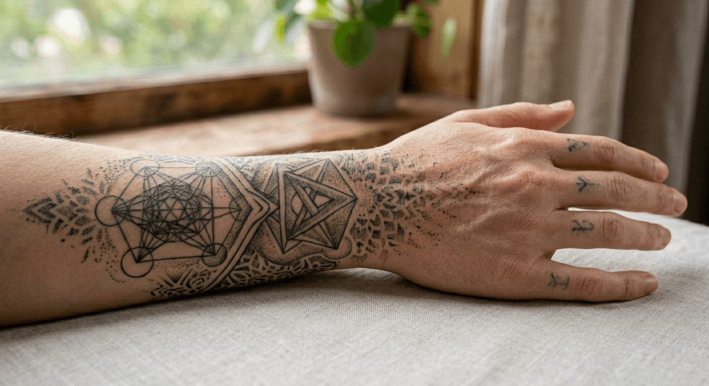 An intricate geometric tattoo visualized perfectly on a wrist using p20v AI technology