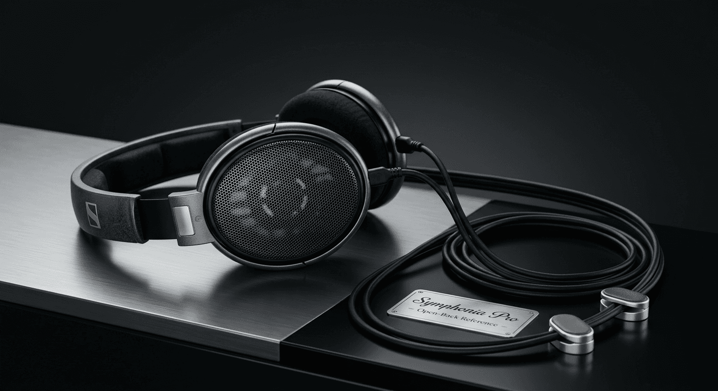 High-end, tech-forward headphone product photo with cinematic studio lighting generated by p20v.com