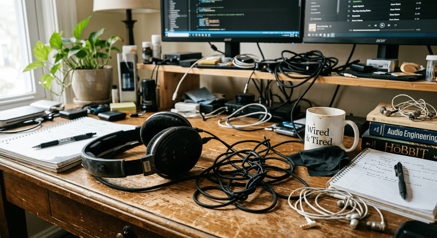 Unprocessed, flat photo of headphones lacking modern lighting and styling