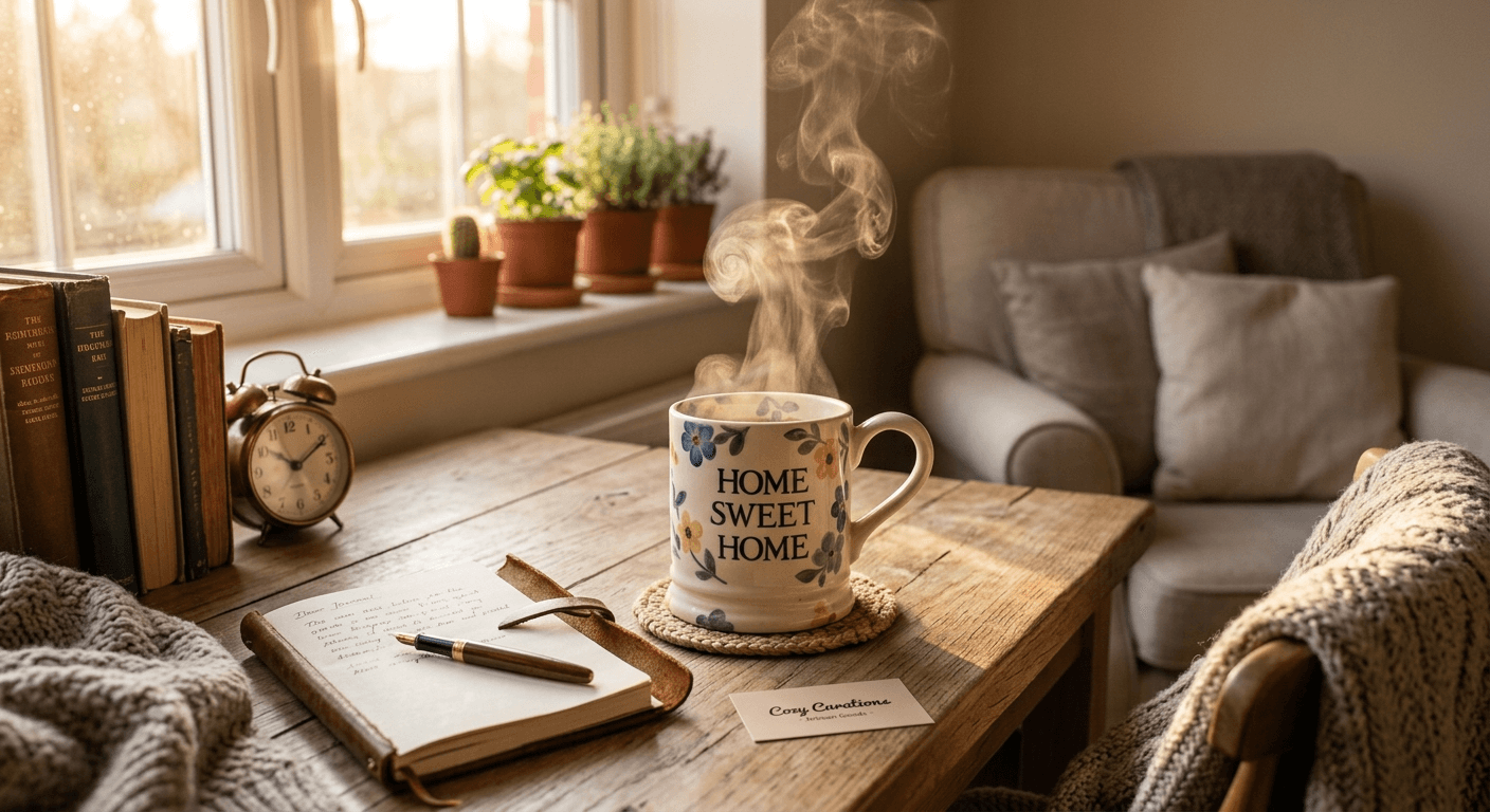 Warm lifestyle mug product photo generated by p20v AI featuring cozy morning lighting