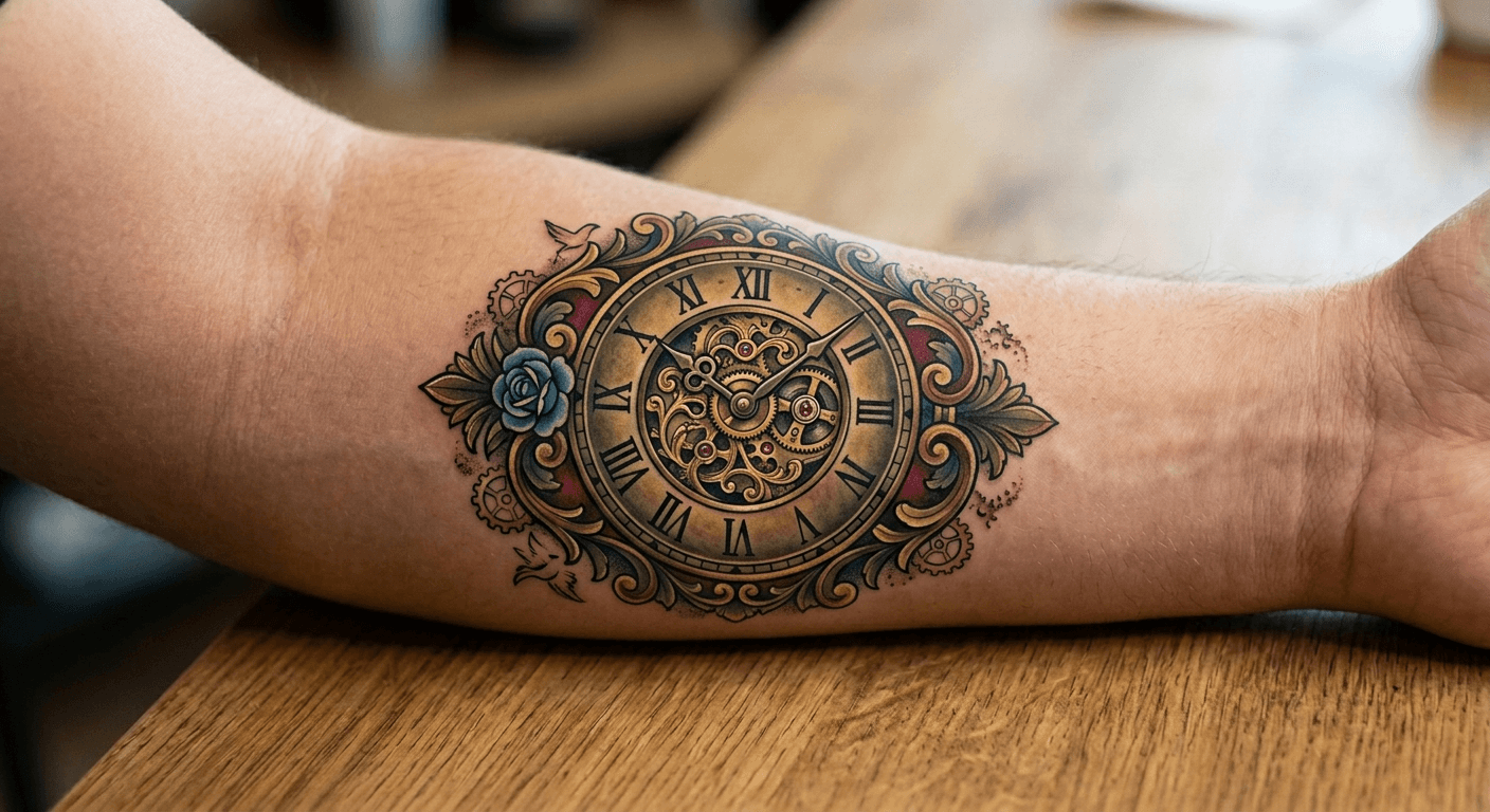 Stunning neo-traditional style clock tattoo generated by p20v.com AI