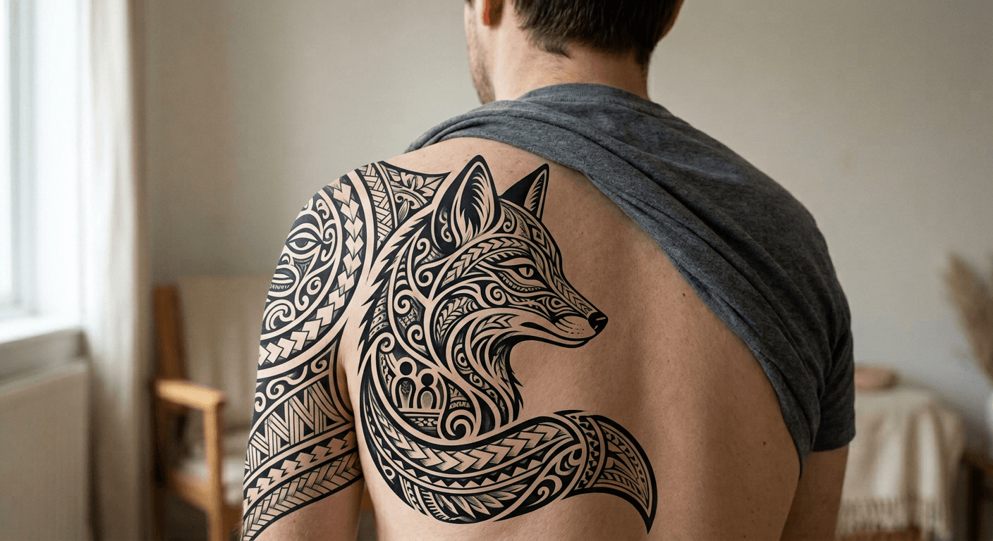 Highly detailed Polynesian style fox tattoo generated by p20v.com AI