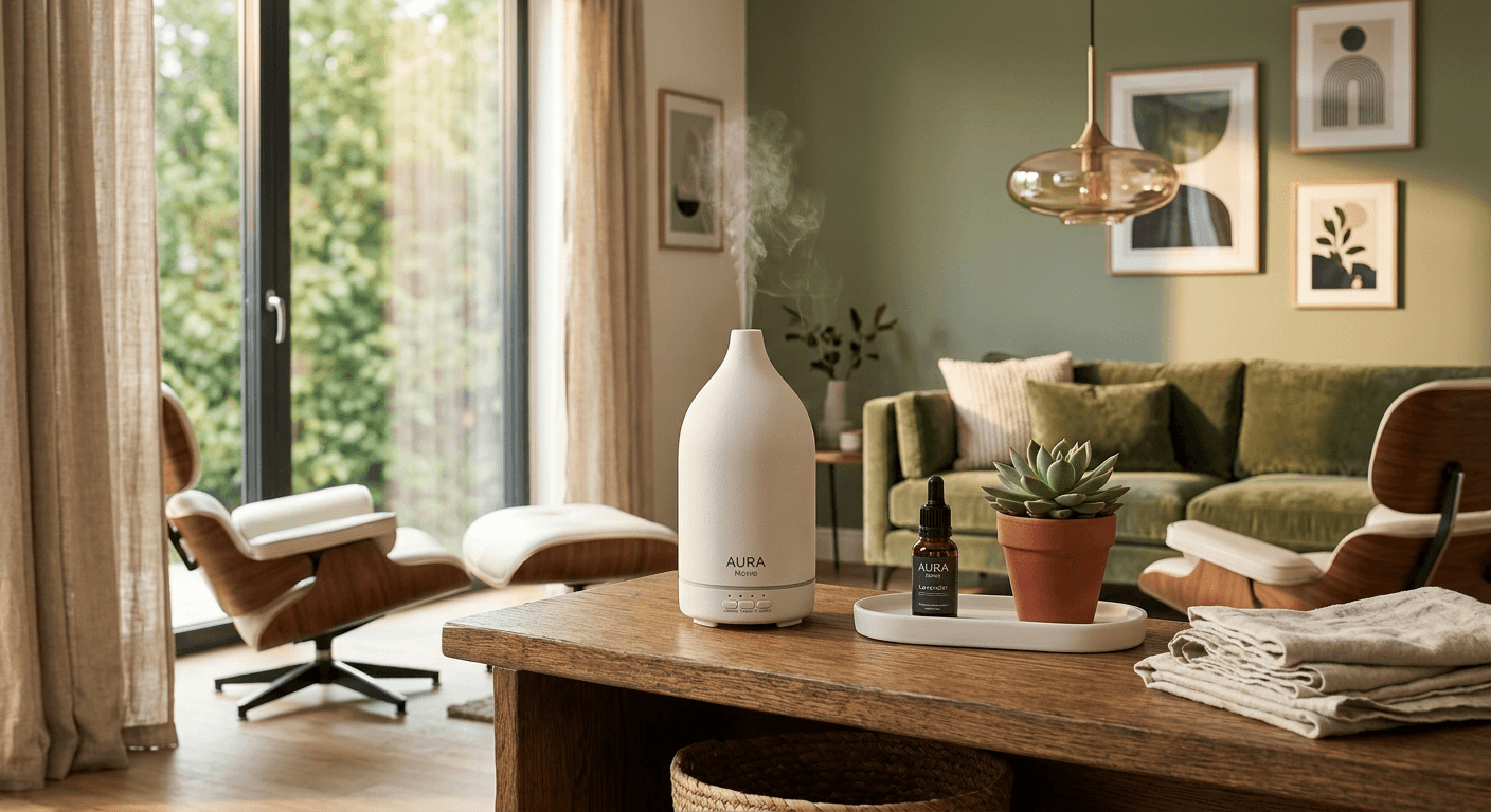 After: The same home decor product beautifully integrated into a styled, photorealistic living room scene