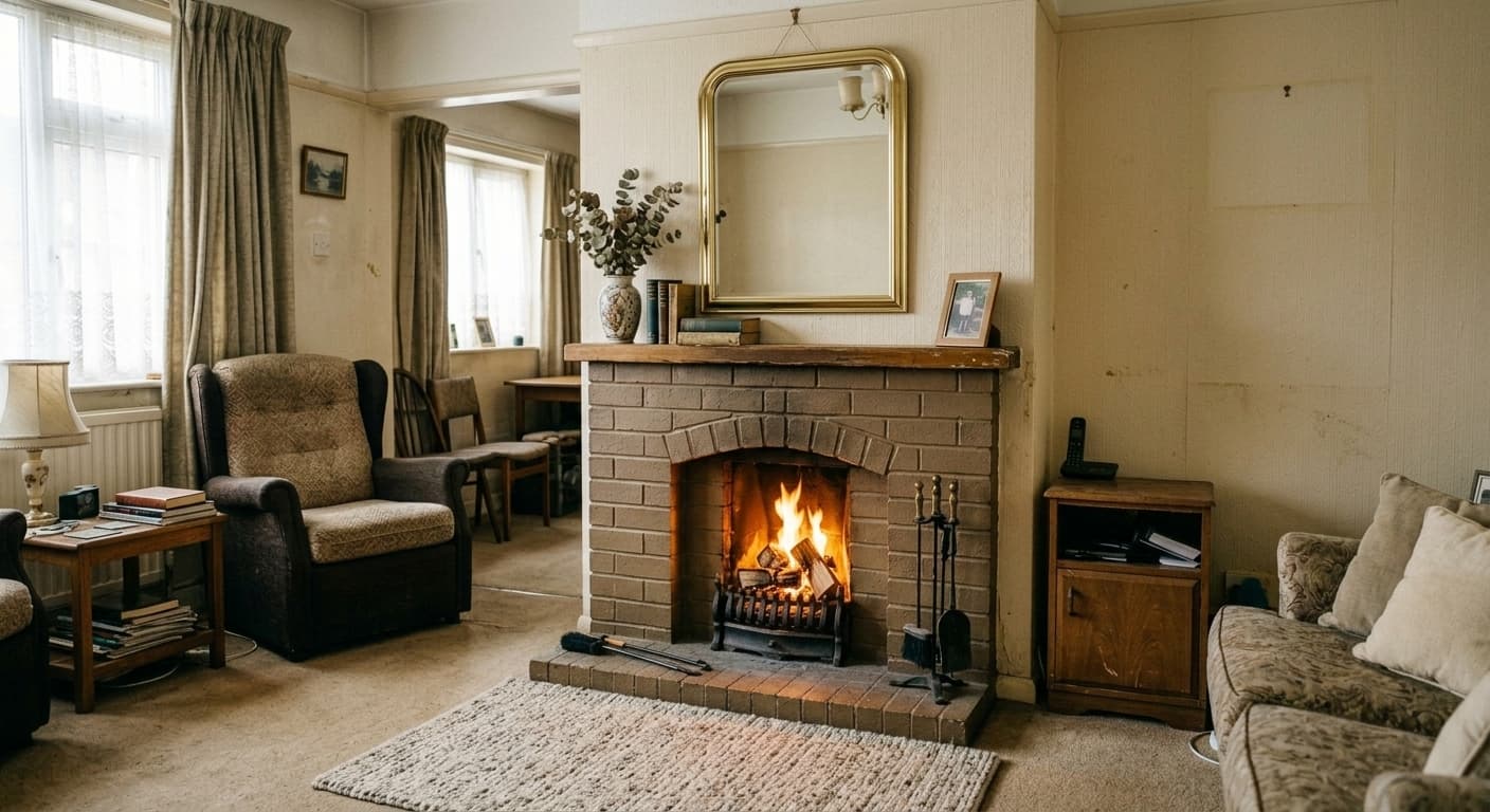 A stunning, virtually staged fireplace with a roaring fire and elegant mantle decor