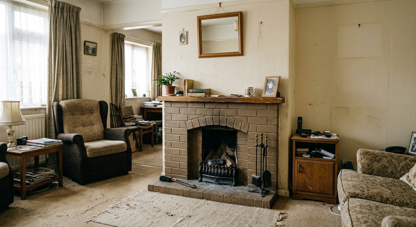 A dull, unlit fireplace in a real estate listing photo before AI enhancement