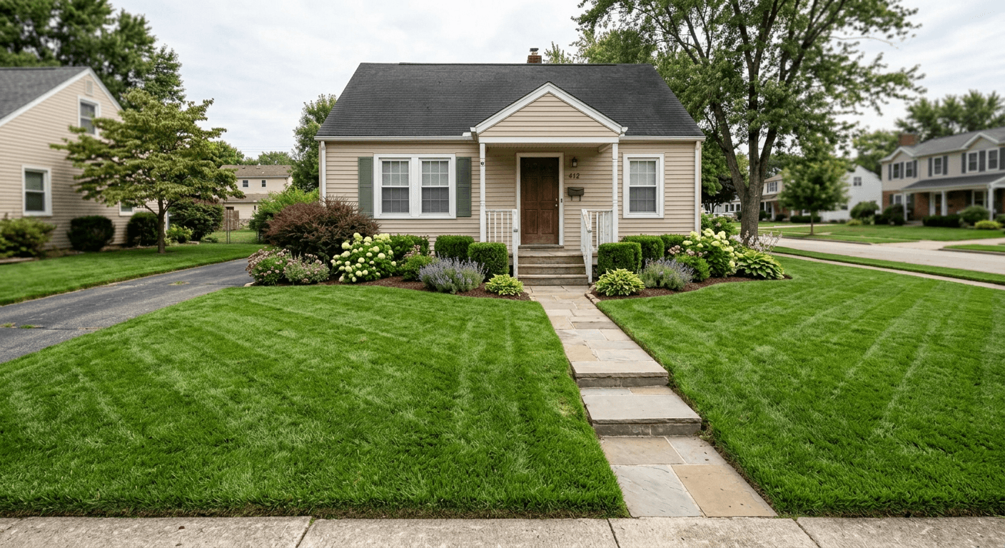 Real estate exterior after p20v AI enhancement, showing the same house with vibrant, lush green grass