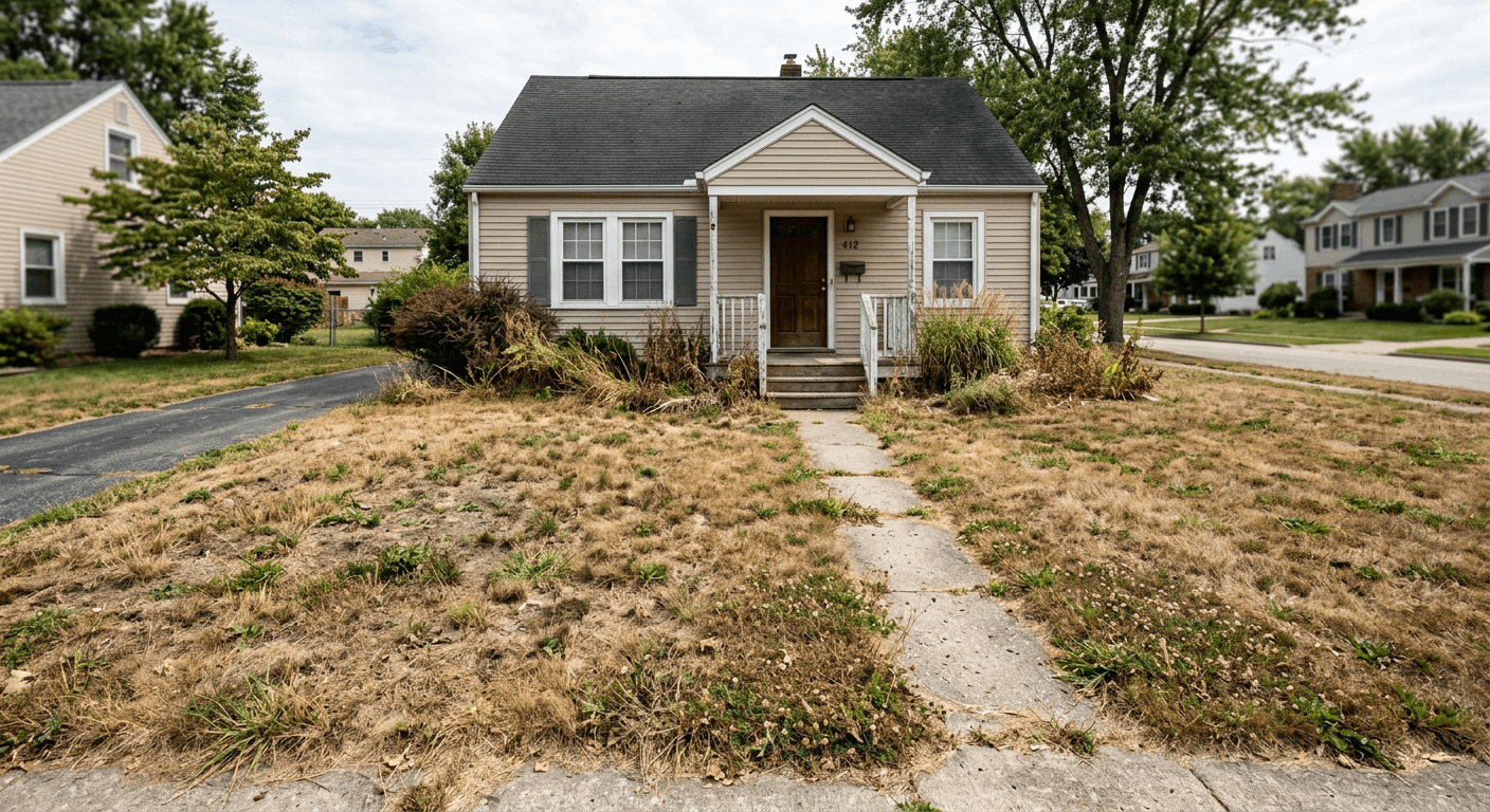 Real estate exterior before AI enhancement, showing a house with brown, dead, patchy grass