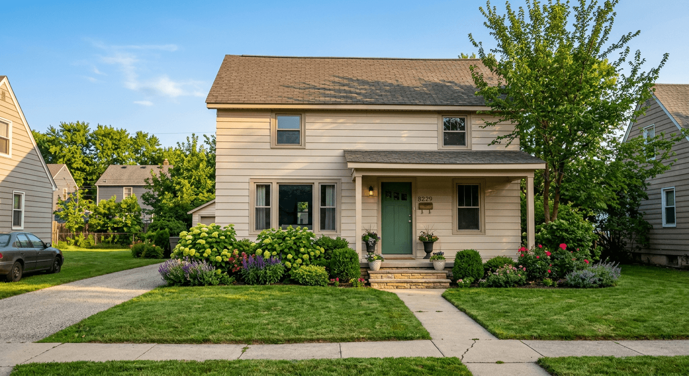AI generated real estate photo showing the same house with a beautiful, sunny blue sky