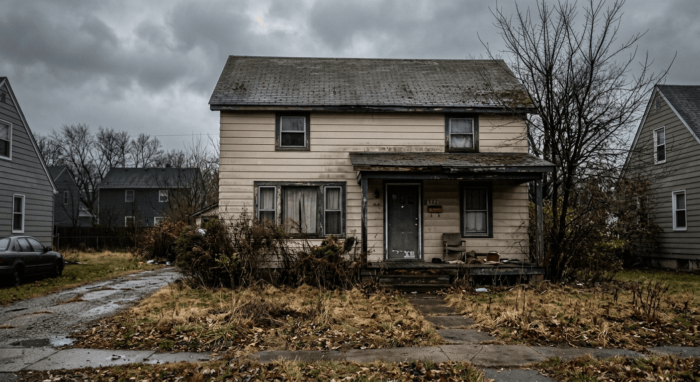 Original real estate photo showing a house exterior with an overcast, gray sky