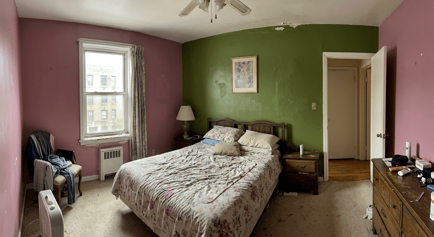 Real estate listing photo showing an ugly, outdated, and aggressive wall color that deters potential home buyers