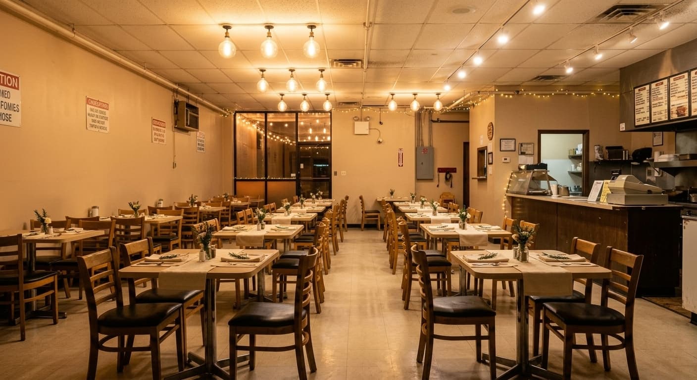AI enhanced restaurant interior photo with warm lighting and inviting ambiance
