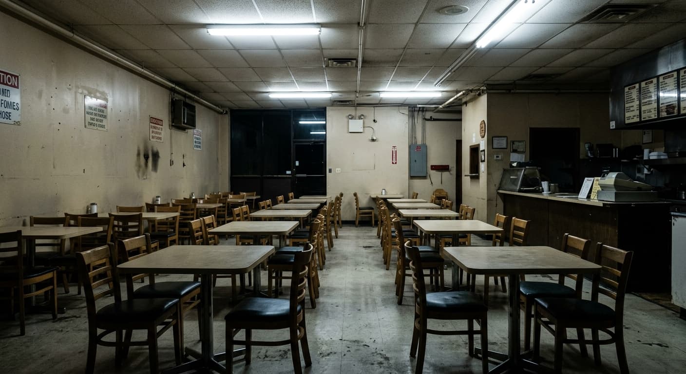 Original, unedited restaurant interior photo lacking warmth and ambiance