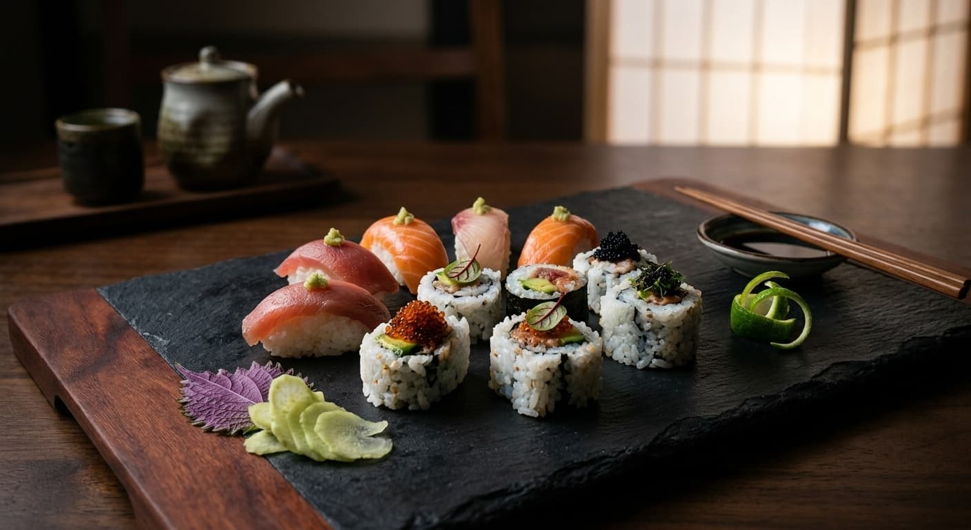 Premium AI generated sushi presentation featuring dramatic lighting and high-end restaurant styling by P20V