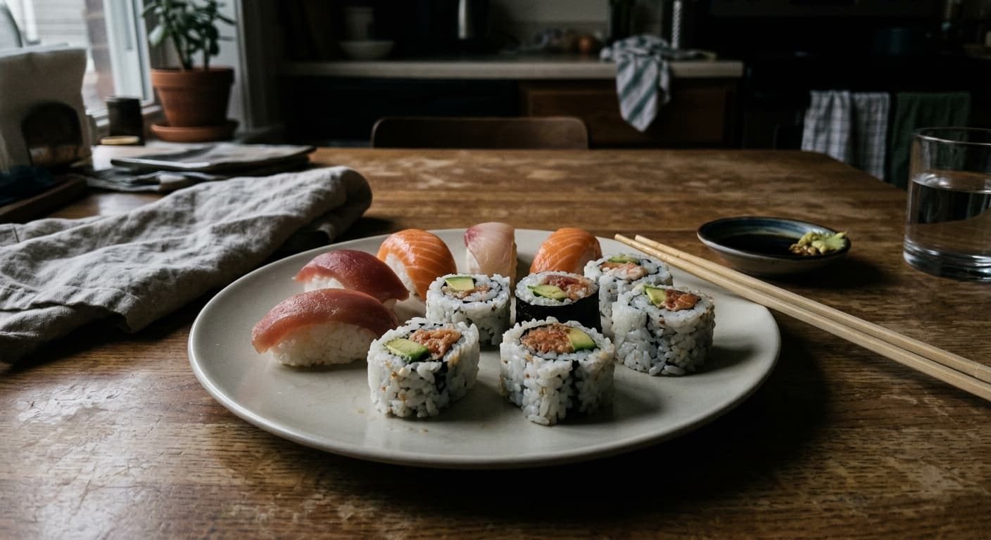 Amateur sushi photography lacking professional lighting and premium presentation