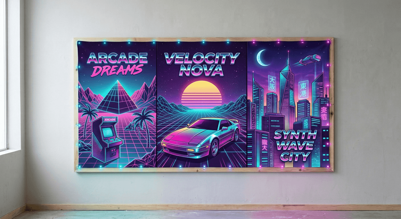 A stunning, highly detailed AI-generated synthwave banner with glowing neon colors and retro-futuristic grids