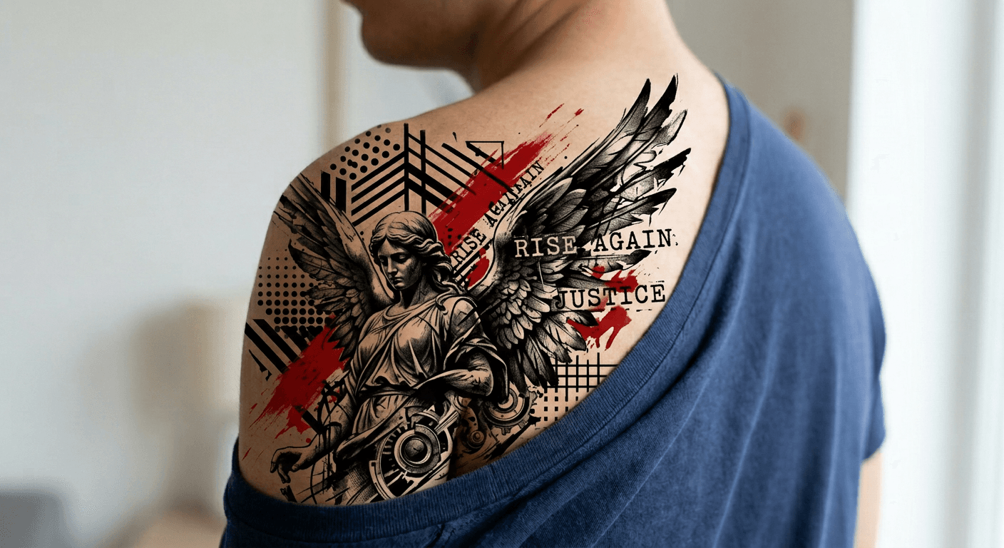 Finalized AI generated trash polka angel tattoo design featuring red and black ink, photorealism, and geometric chaos