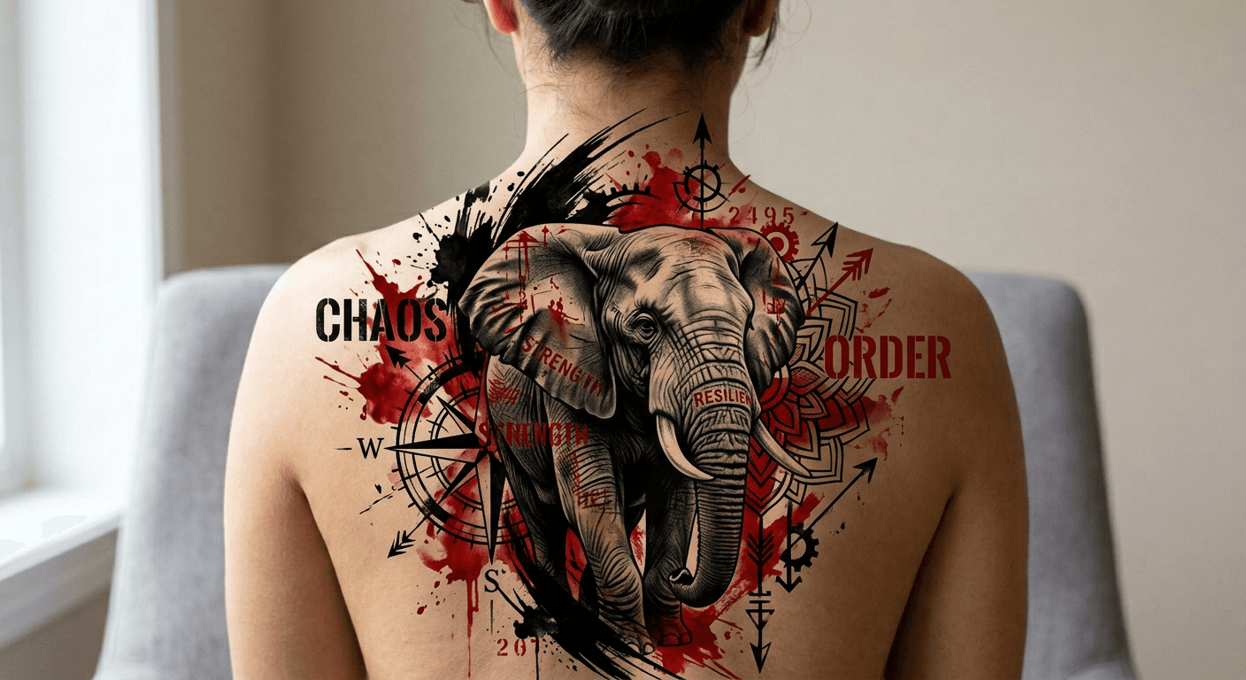 Incredible AI generated Trash Polka elephant tattoo design featuring bold red and black contrasts