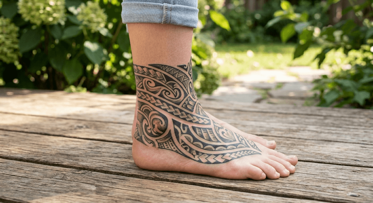 Ankle perfectly visualizer with a stunning tribal tattoo via p20v.com AI