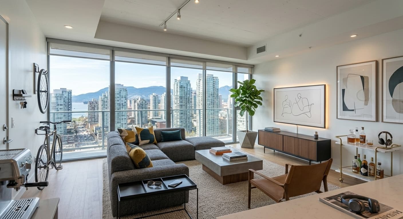 Virtually staged condo unit with modern urban furniture, showcasing warm lighting, sleek aesthetics, and perfect spatial arrangement by p20v.com