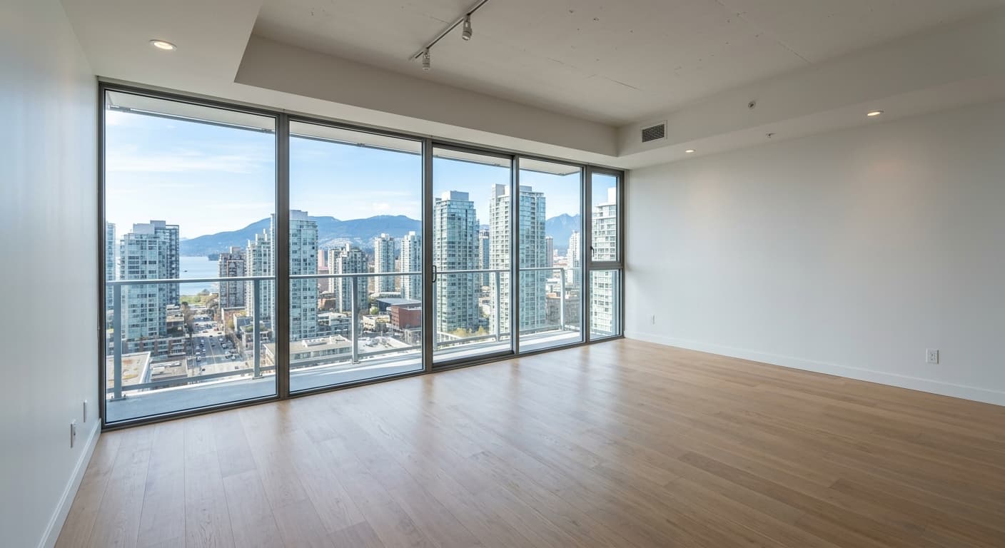 Empty condo unit before virtual staging - showing bare walls, empty floor space, and lack of scale