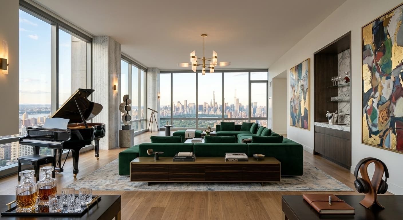 Ultra-luxury AI virtual staging of a penthouse living room featuring bespoke modern furniture, architectural lighting, and breathtaking city skyline views by p20v.com