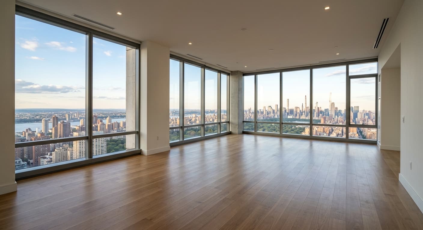 Empty luxury penthouse living room with large floor-to-ceiling windows and city skyline views before virtual staging