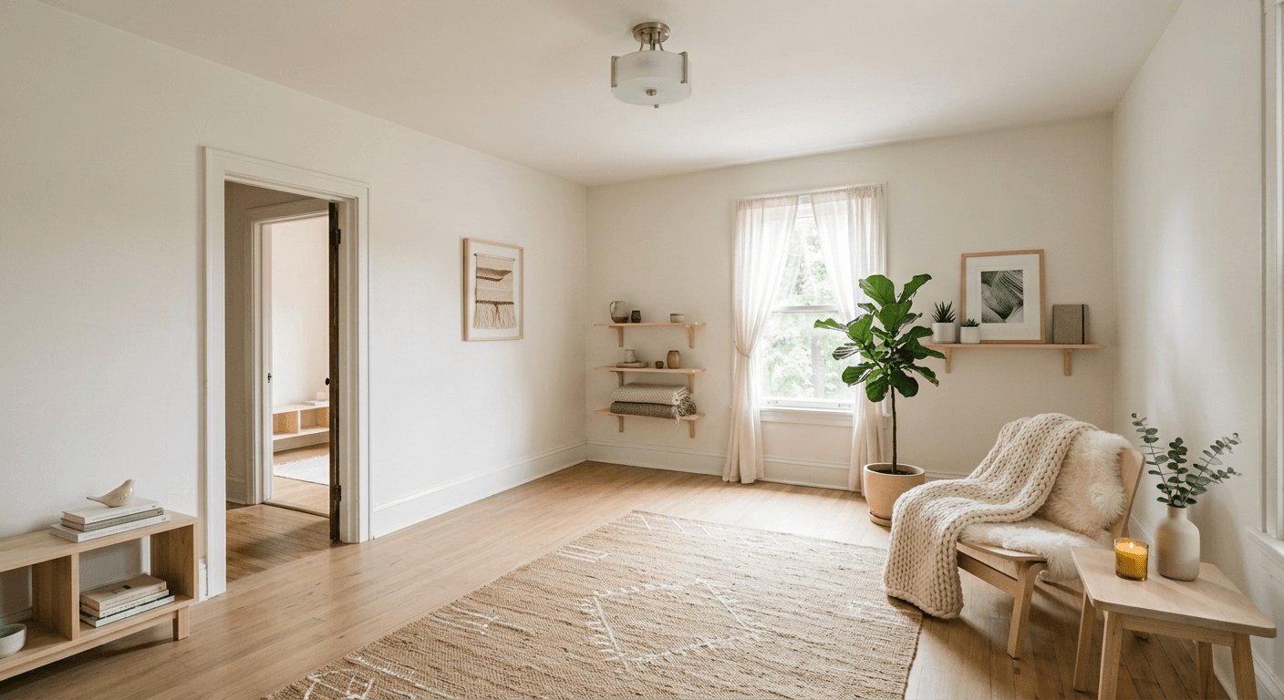 Beautifully staged room in Scandinavian style with light woods and hygge vibes by p20v.com